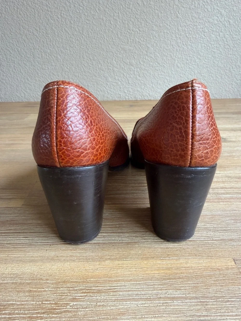 Paul Mayer Pebbled Leather Tassel Block Heels in Cognac - Picture 8 of 12